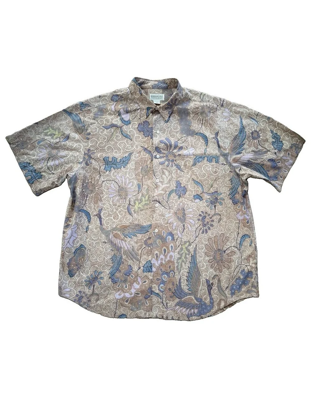 Vintage 90s Banana Republic Safari Travel Shirt XL Batik Bird Floral Hawaiian